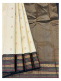 Handwoven Kanchipuram Silk Saree - Ivory with Navy Pallu and Gold Woven Border