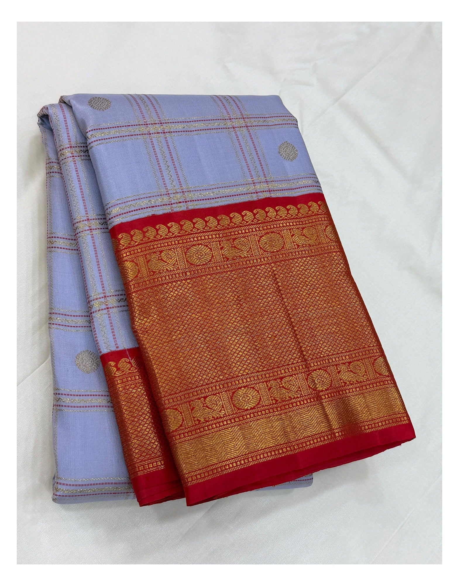 Handwoven Kanchipuram Silk Saree - Lavender Checks with Red Contrast Zari Border front view
