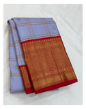 Handwoven Kanchipuram Silk Saree - Lavender Checks with Red Contrast Zari Border front view