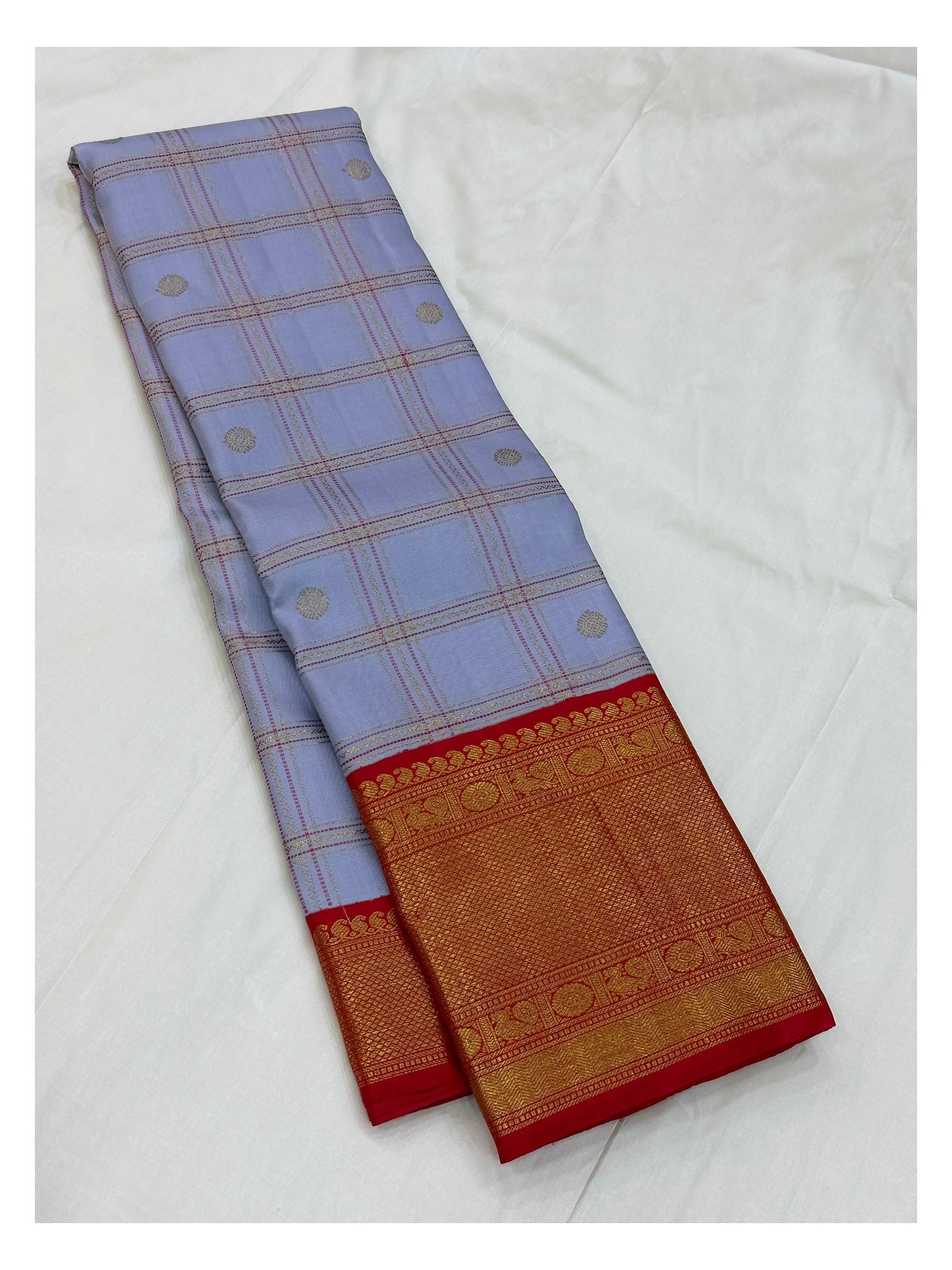 Handwoven Kanchipuram Silk Saree - Lavender Checks with Red Contrast Zari Border