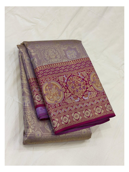 Handwoven Kanchipuram Silk Saree - Lilac with Magenta Zari Border front view