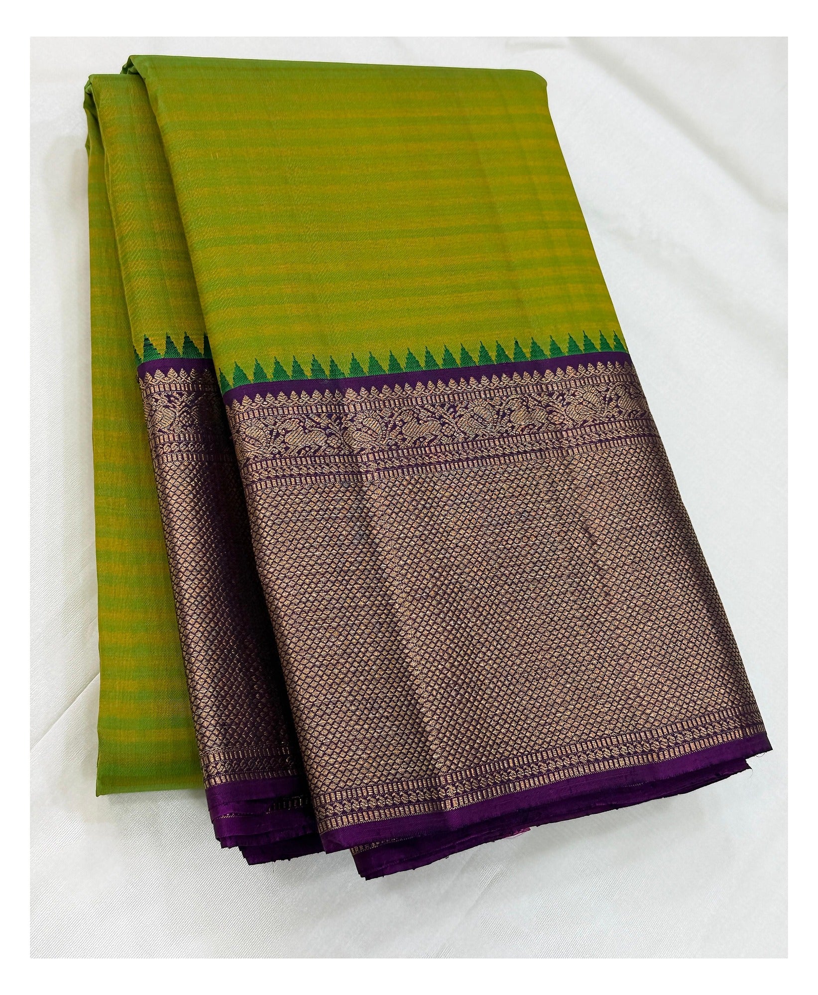 Handwoven Kanchipuram Silk Saree - Lime Green with Purple Zari Border & Rich Purple Pallu front view