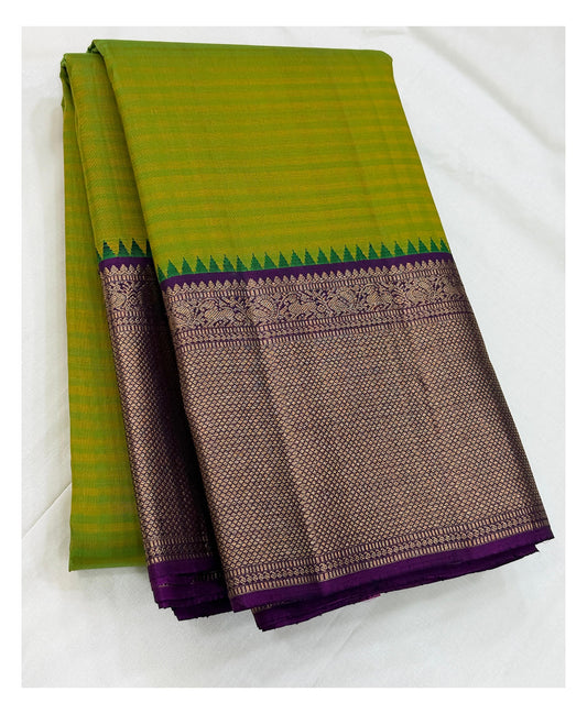 Handwoven Kanchipuram Silk Saree - Lime Green with Purple Zari Border & Rich Purple Pallu front view