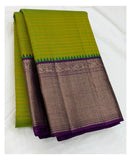 Handwoven Kanchipuram Silk Saree - Lime Green with Purple Zari Border & Rich Purple Pallu front view