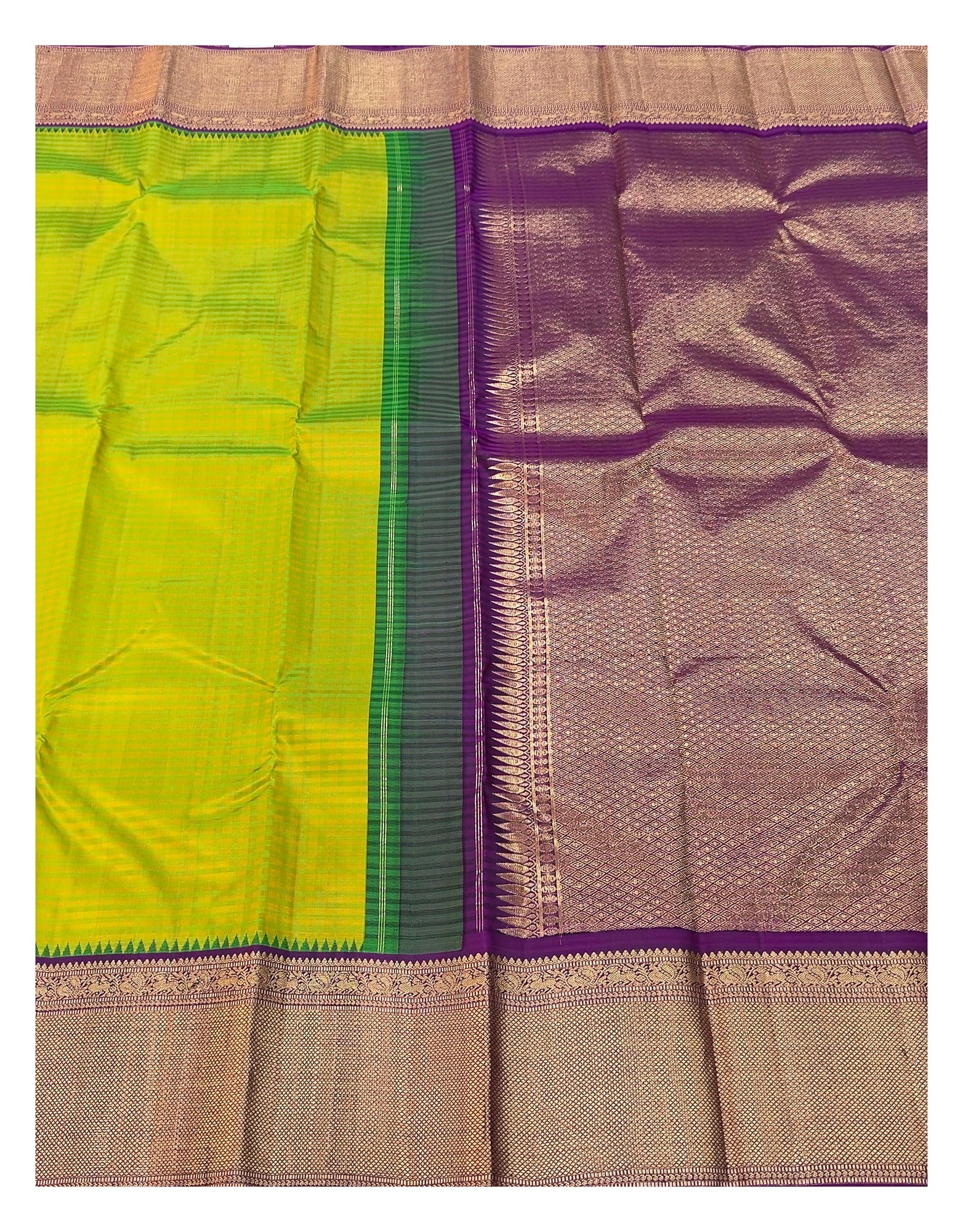 Handwoven Kanchipuram Silk Saree - Lime Green with Purple Zari Border & Rich Purple Pallu