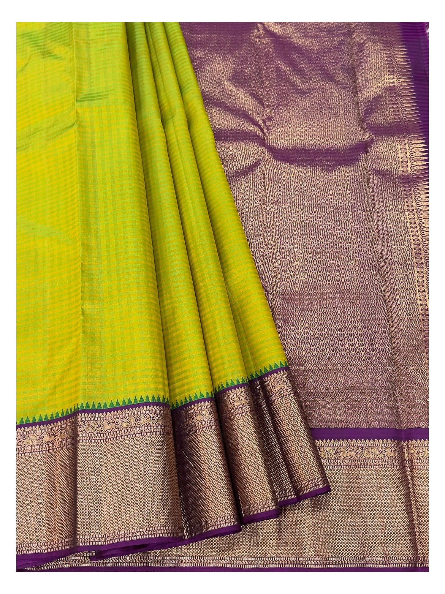 Handwoven Kanchipuram Silk Saree - Lime Green with Purple Zari Border & Rich Purple Pallu