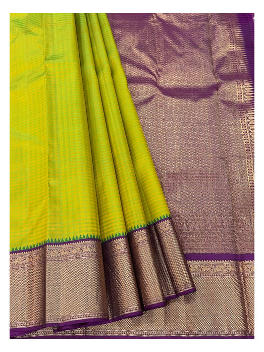 Handwoven Kanchipuram Silk Saree - Lime Green with Purple Zari Border & Rich Purple Pallu