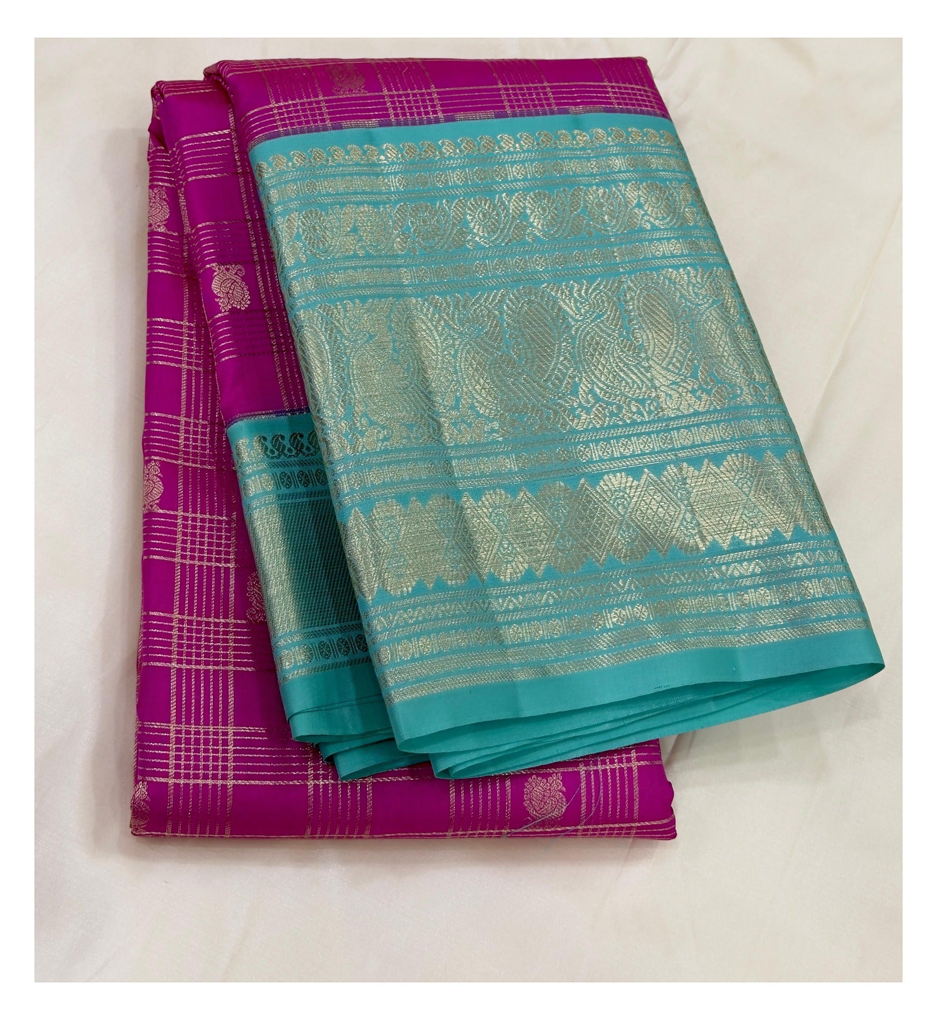 Handwoven Kanchipuram Silk Saree - Magenta and Aqua Blue front view