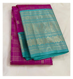 Handwoven Kanchipuram Silk Saree - Magenta and Aqua Blue front view