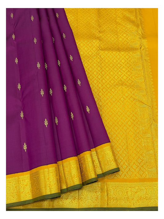 Handwoven Kanchipuram Silk Saree - Magenta with Contrast Mustard Pallu and Gold-Toned Border