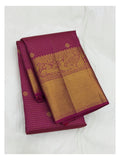Handwoven Kanchipuram Silk Saree - Magenta with Gold Zari Checks and Peacock Border front view