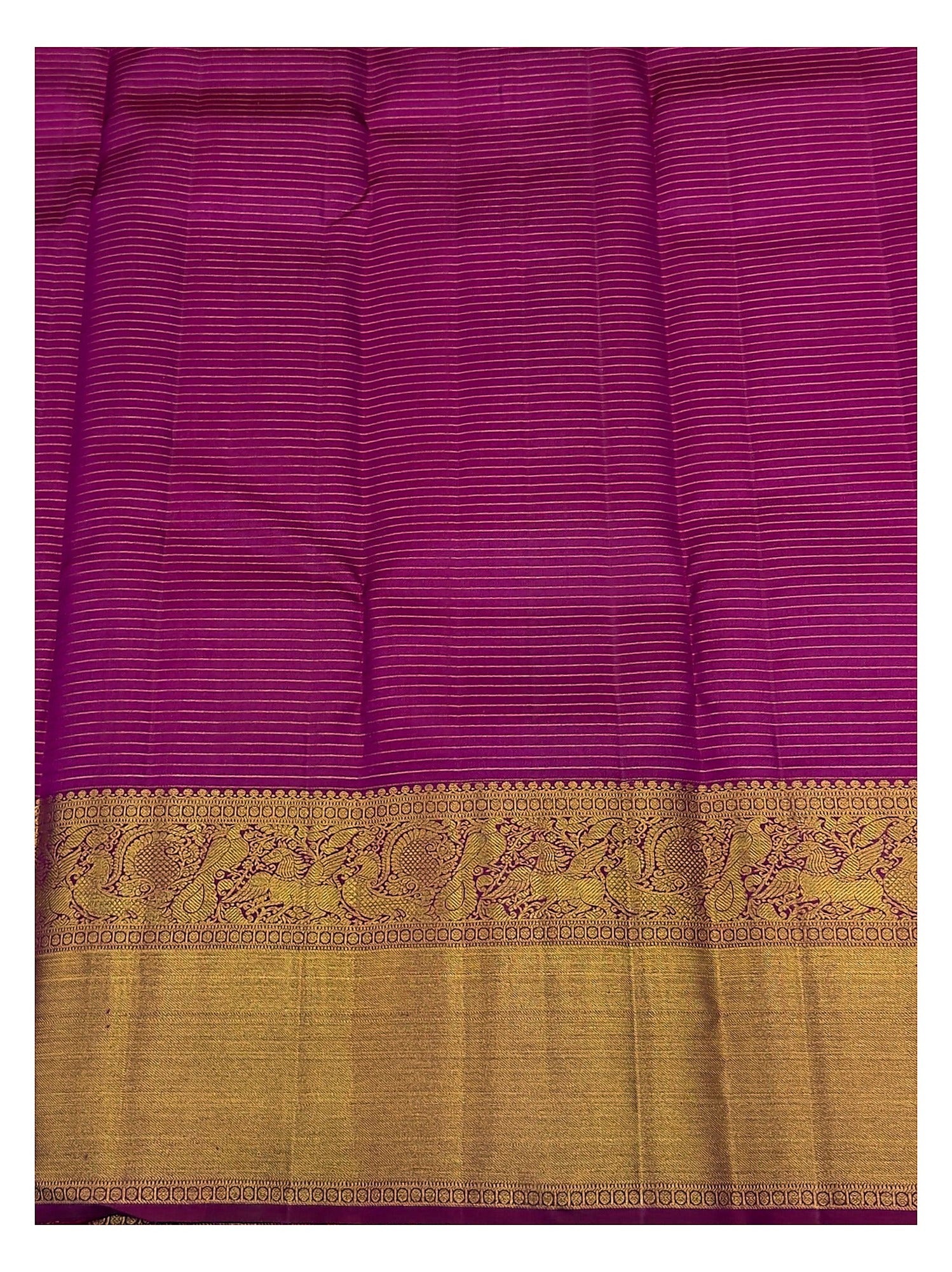 Handwoven Kanchipuram Silk Saree - Magenta with Gold Zari Checks and Peacock Border