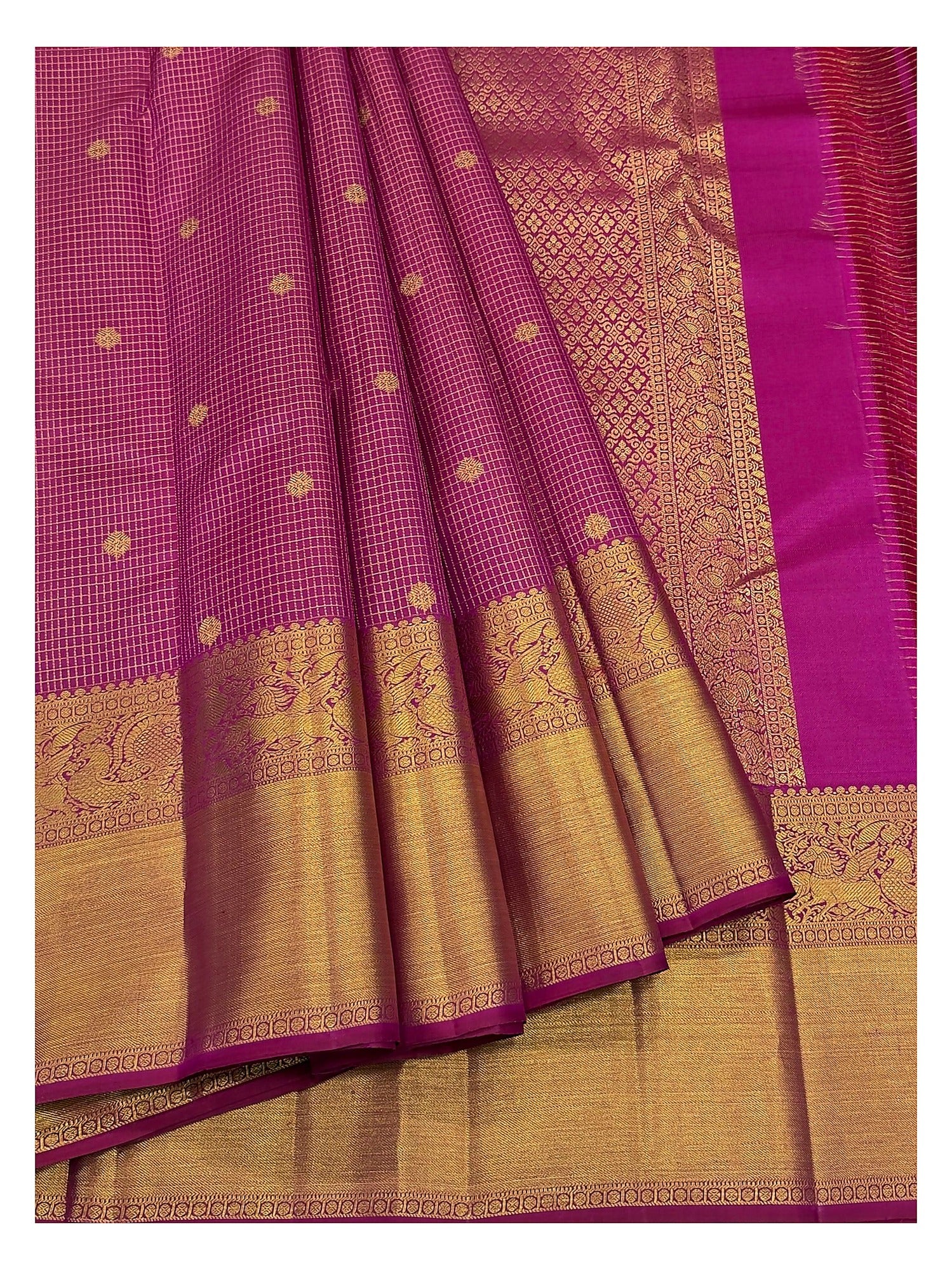 Handwoven Kanchipuram Silk Saree - Magenta with Gold Zari Checks and Peacock Border