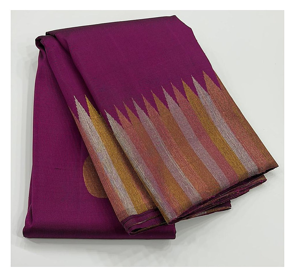 Handwoven Kanchipuram Silk Saree - Magenta with Multitone Temple Zari Border front view