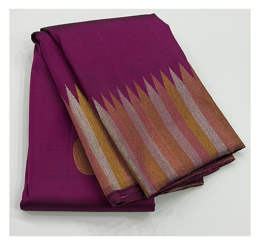 Handwoven Kanchipuram Silk Saree - Magenta with Multitone Temple Zari Border front view