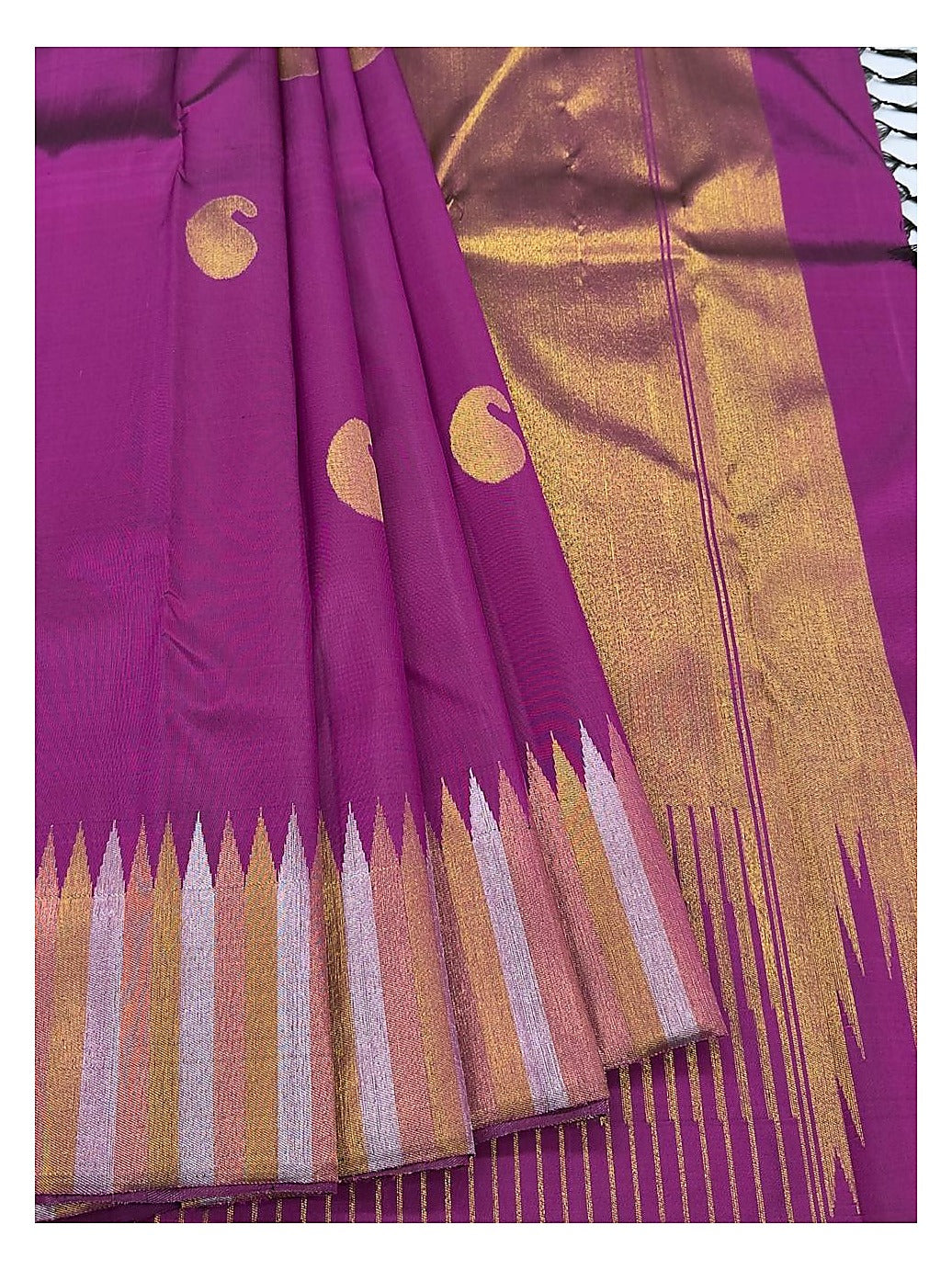 Handwoven Kanchipuram Silk Saree - Magenta with Multitone Temple Zari Border front view