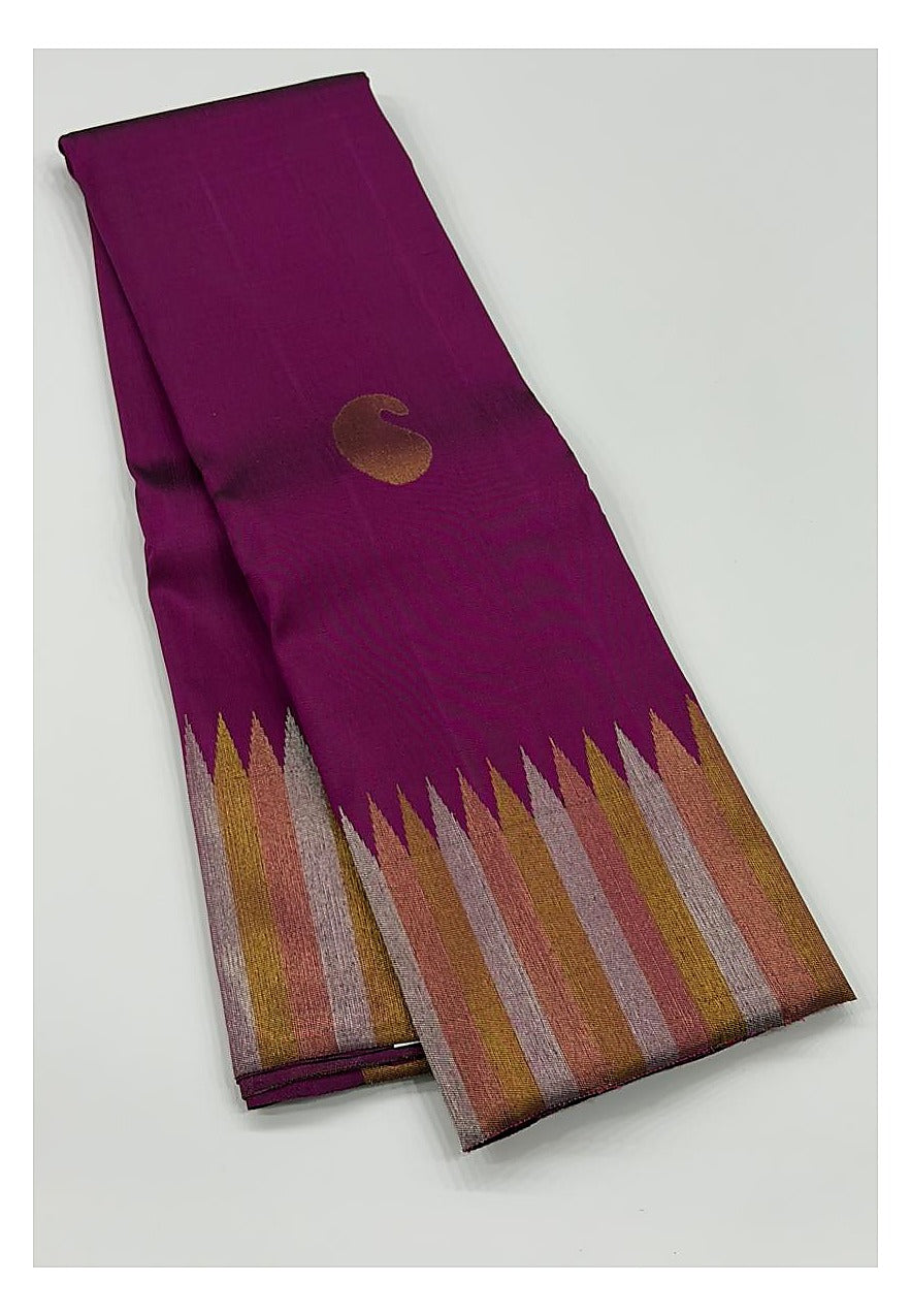 Handwoven Kanchipuram Silk Saree - Magenta with Multitone Temple Zari Border