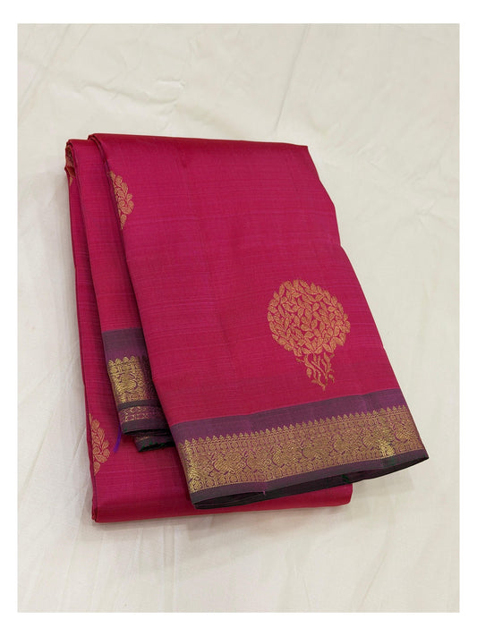 Handwoven Kanchipuram Silk Saree - Magenta with Plum Border and Olive Pallu front view