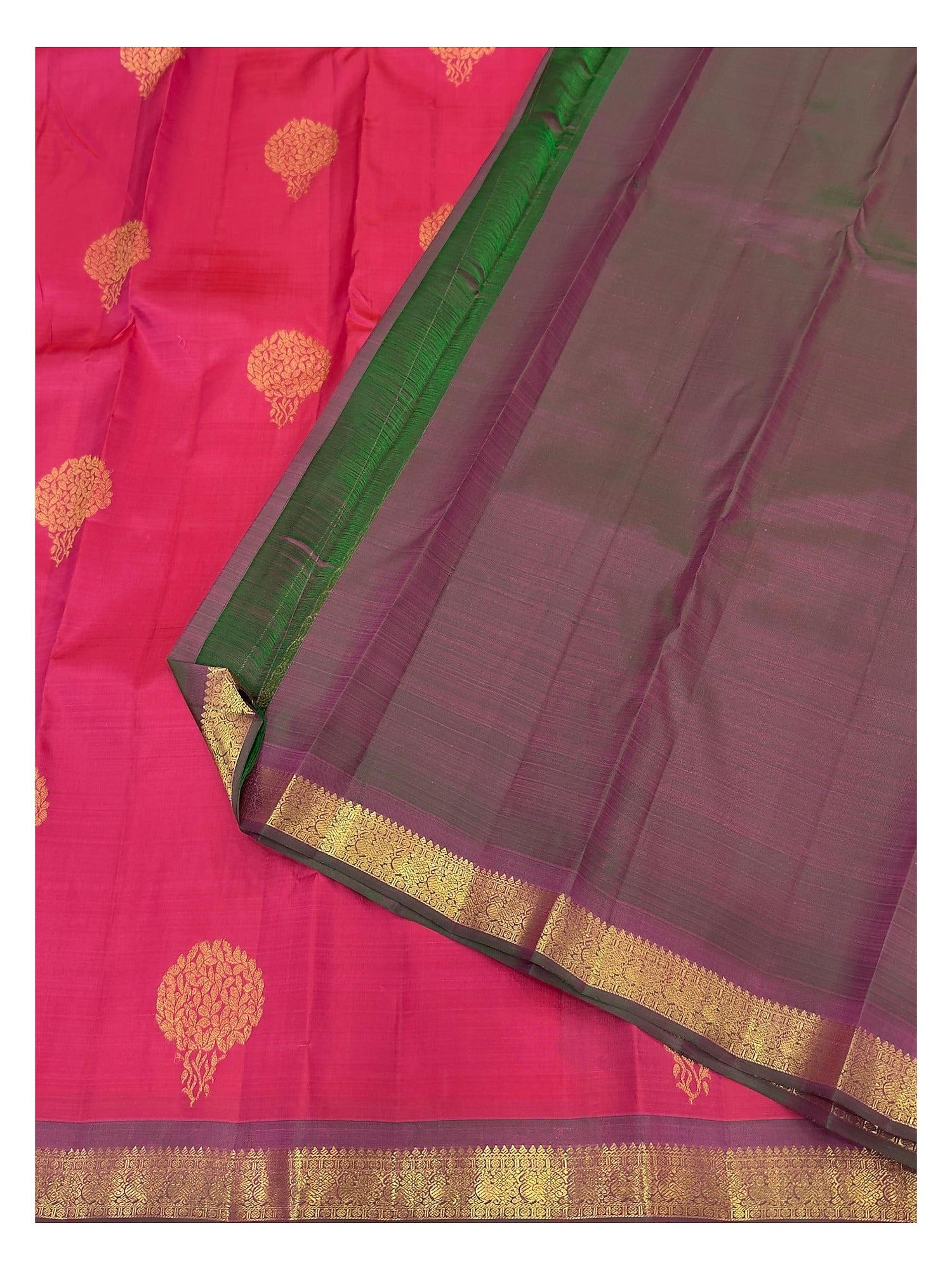 Handwoven Kanchipuram Silk Saree - Magenta with Plum Border and Olive Pallu