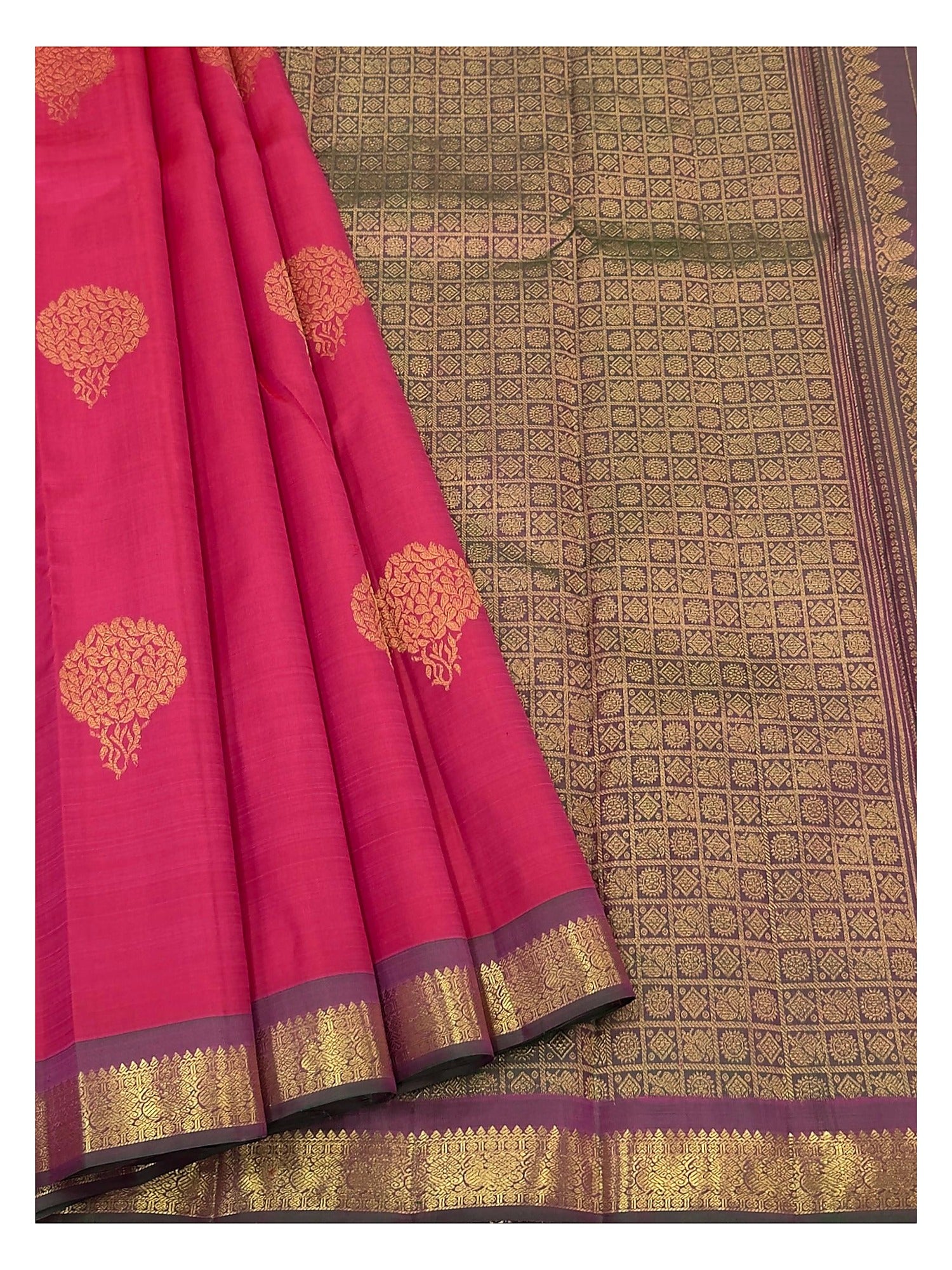Handwoven Kanchipuram Silk Saree - Magenta with Plum Border and Olive Pallu