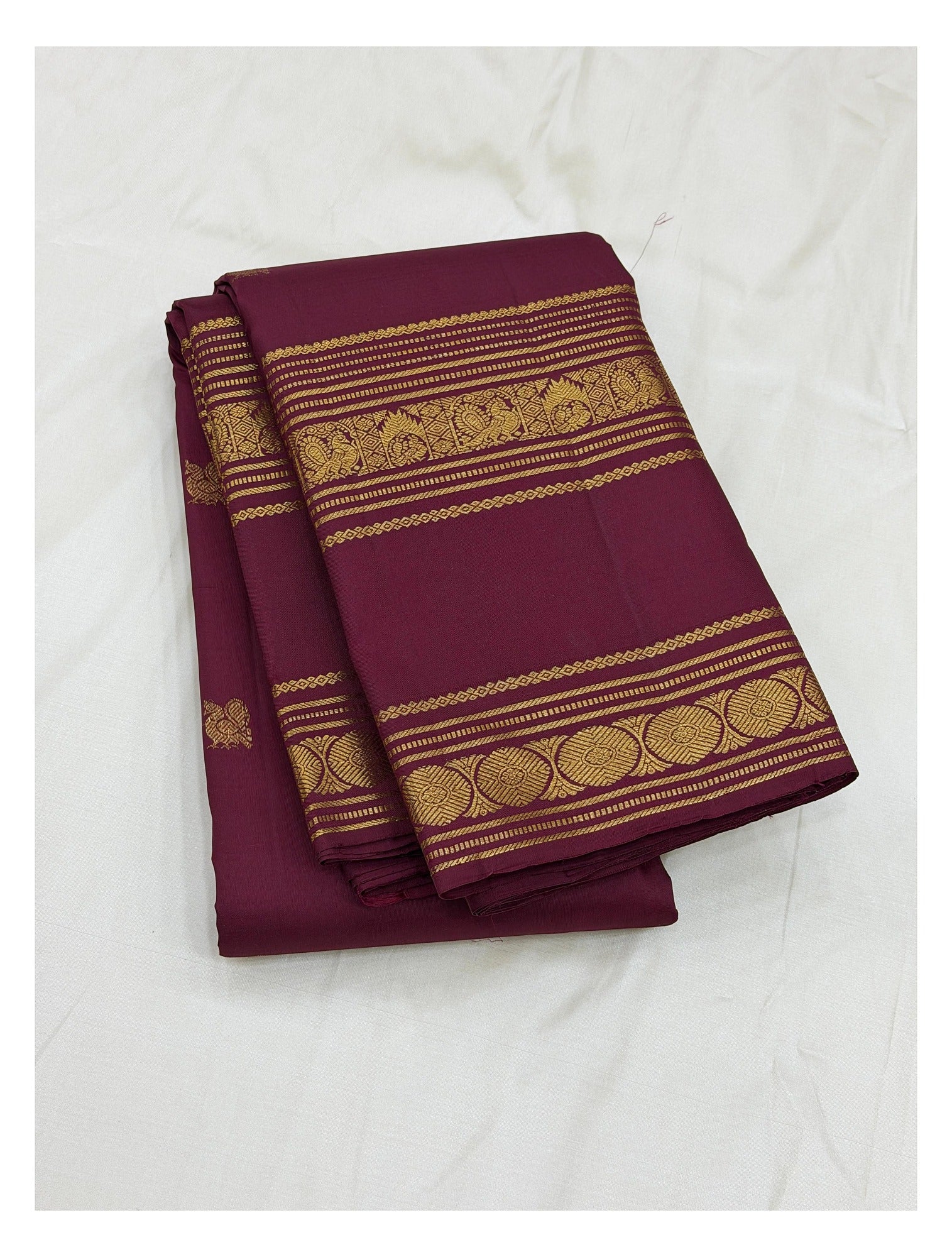 Handwoven Kanchipuram Silk Saree - Maroon with Gold-Toned Woven Border front view