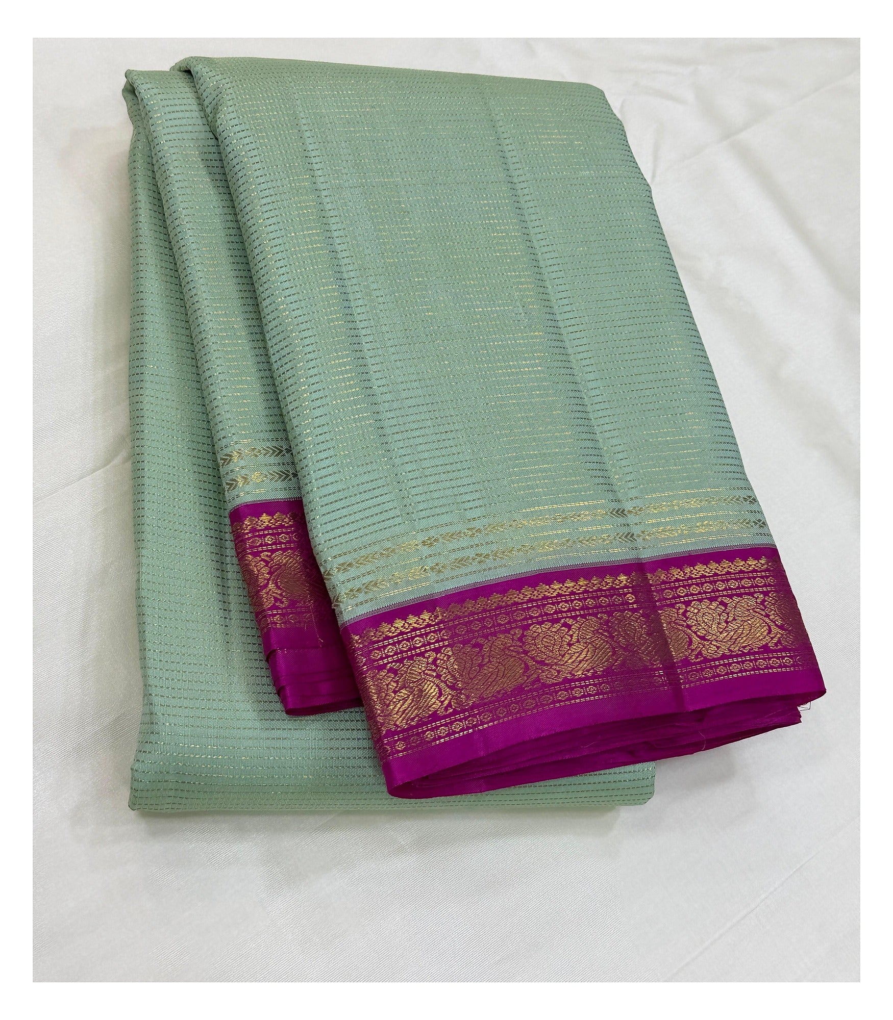Handwoven Kanchipuram Silk Saree - Mint Green with Magenta Contrast Border front view