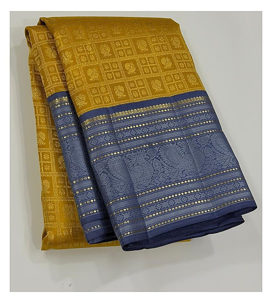 Handwoven Kanchipuram Silk Saree - Mustard and Blue front view