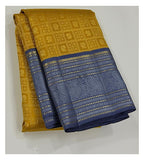 Handwoven Kanchipuram Silk Saree - Mustard and Blue front view