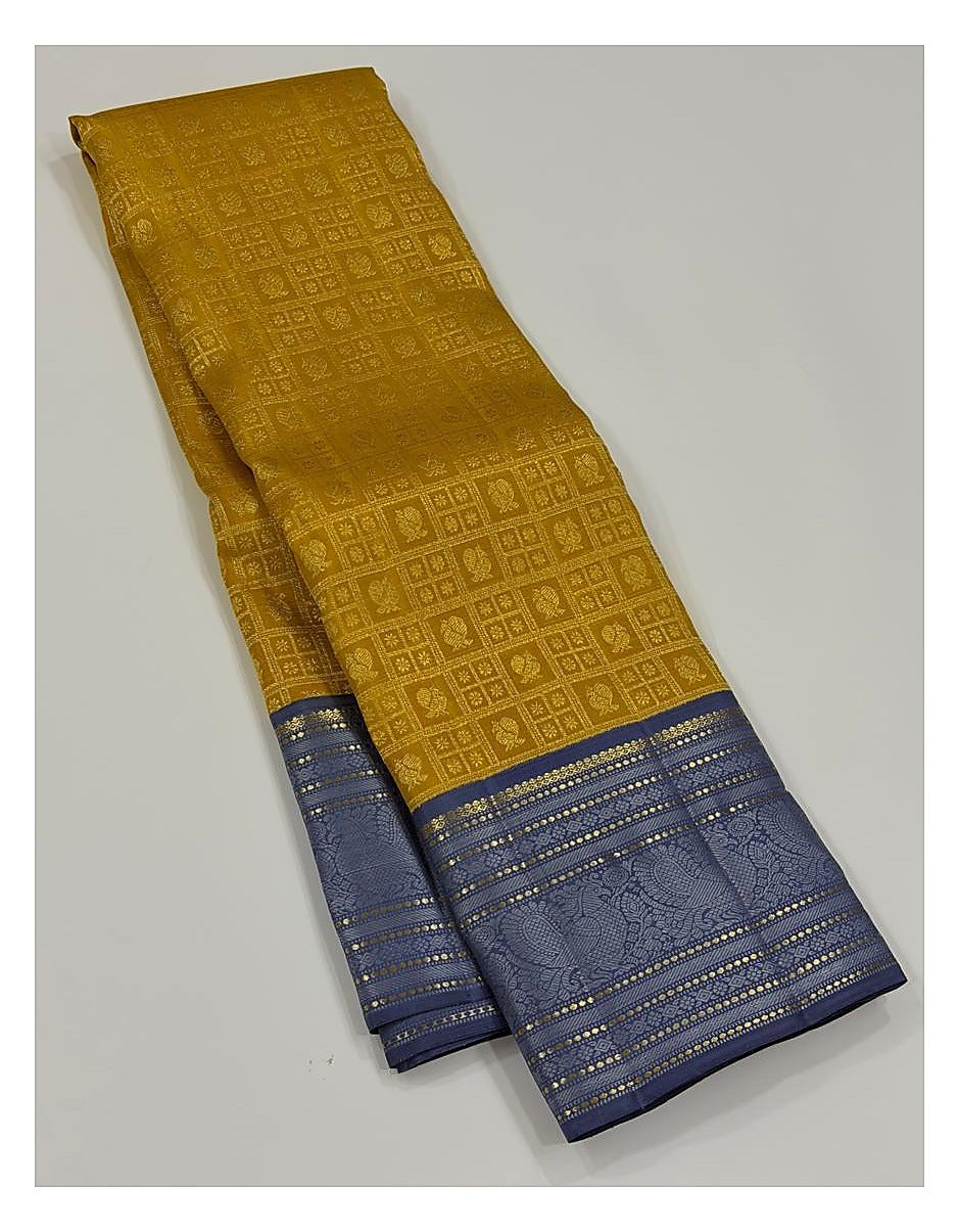 Handwoven Kanchipuram Silk Saree - Mustard and Blue