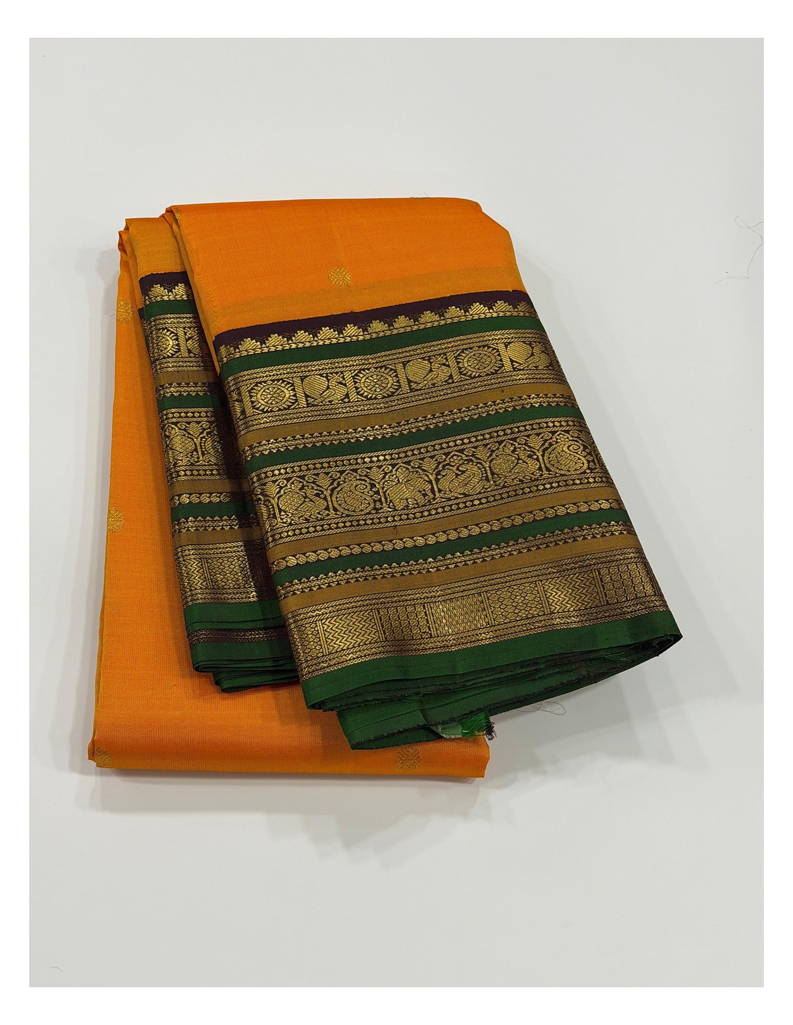 Handwoven Kanchipuram Silk Saree - Mustard Orange with Emerald Green Border and Plum Pallu front view