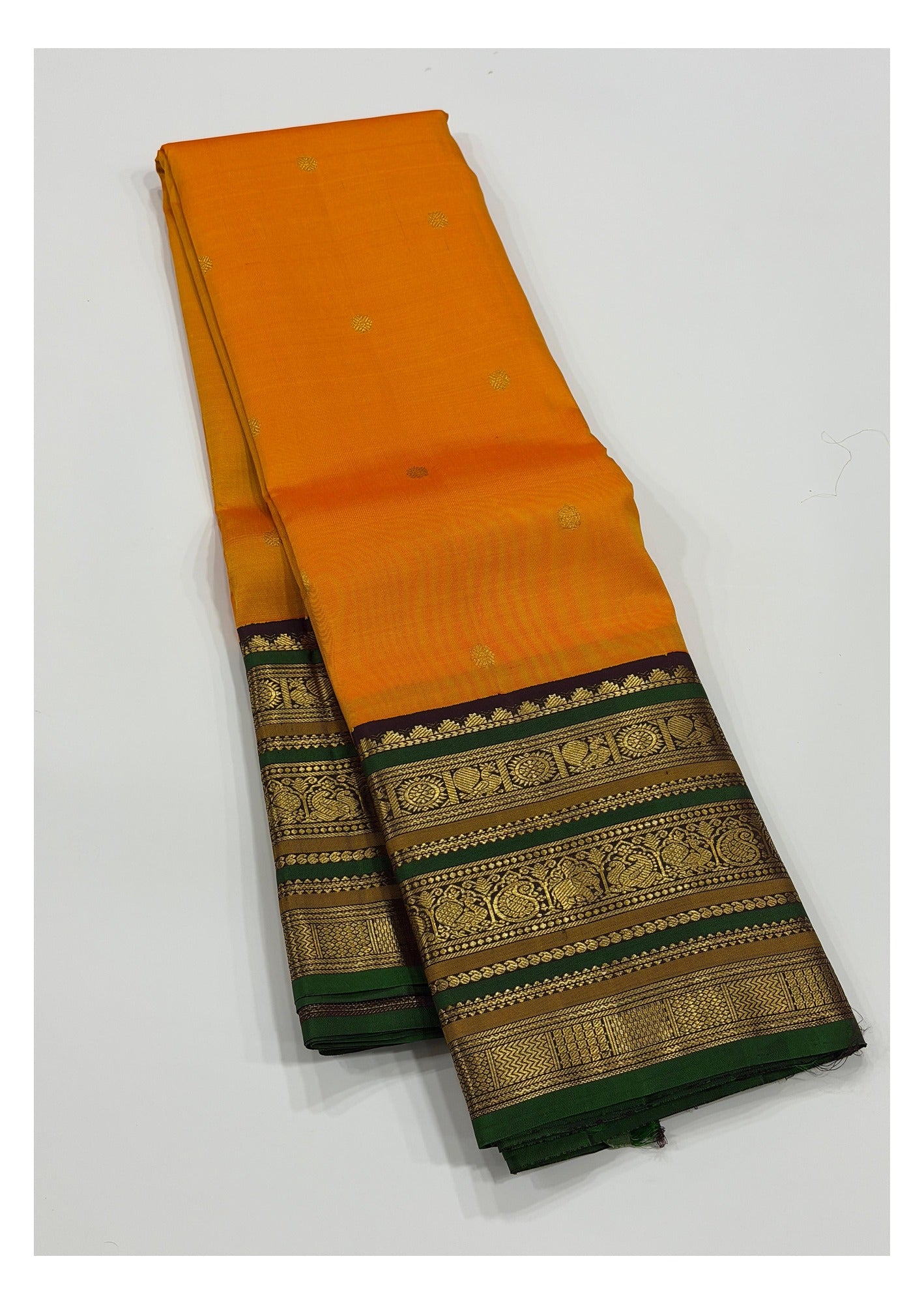 Handwoven Kanchipuram Silk Saree - Mustard Orange with Emerald Green Border and Plum Pallu