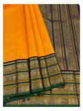 Handwoven Kanchipuram Silk Saree - Mustard Orange with Emerald Green Border and Plum Pallu