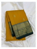 Handwoven Kanchipuram Silk Saree - Mustard with Green Zari Border front view