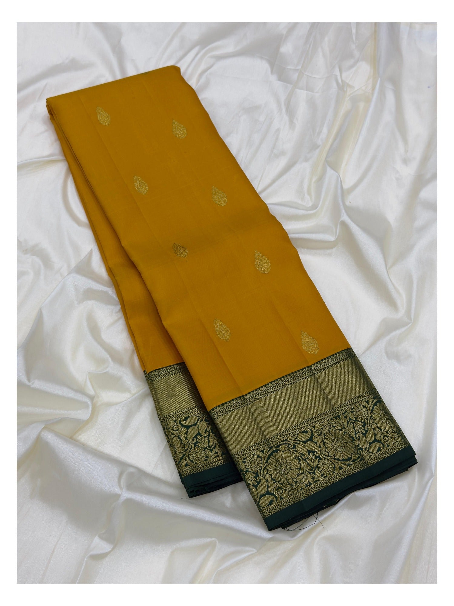 Handwoven Kanchipuram Silk Saree - Mustard with Green Zari Border