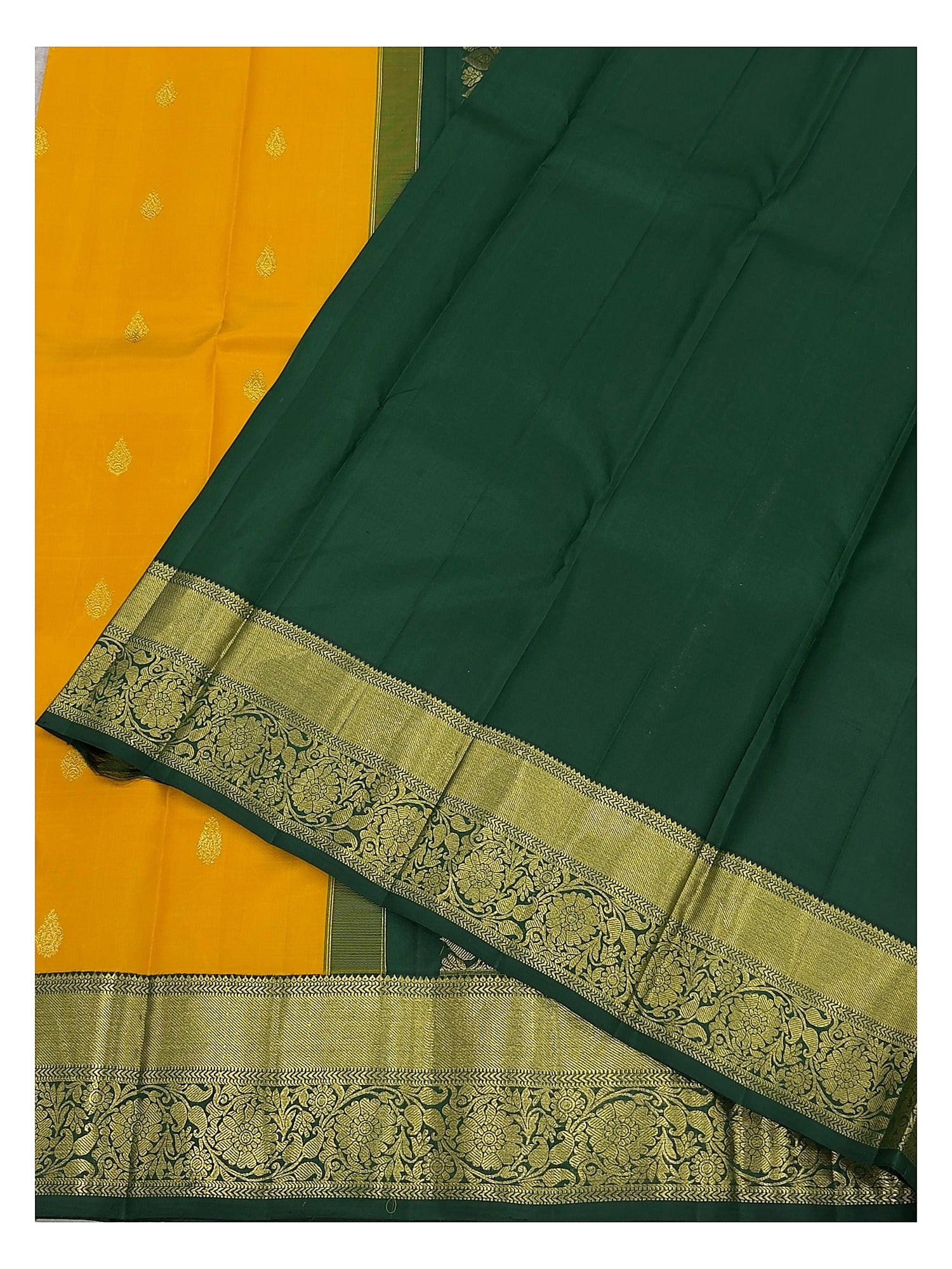 Handwoven Kanchipuram Silk Saree - Mustard with Green Zari Border