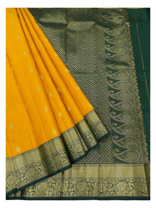 Handwoven Kanchipuram Silk Saree - Mustard with Green Zari Border