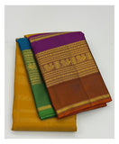 Handwoven Kanchipuram Silk Saree - Mustard with Purple Border and Rust Pallu front view