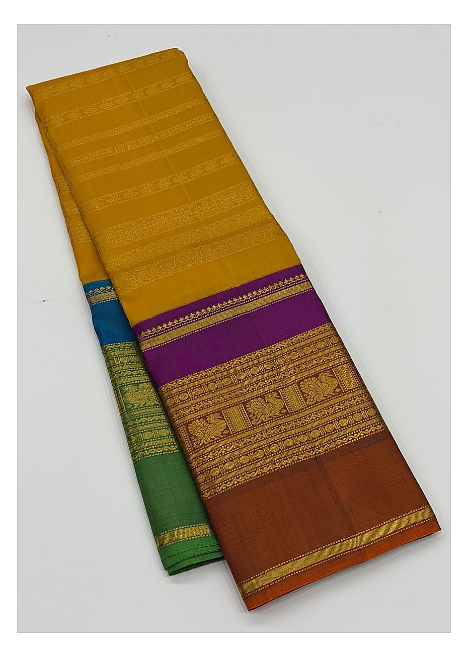 Handwoven Kanchipuram Silk Saree - Mustard with Purple Border and Rust Pallu
