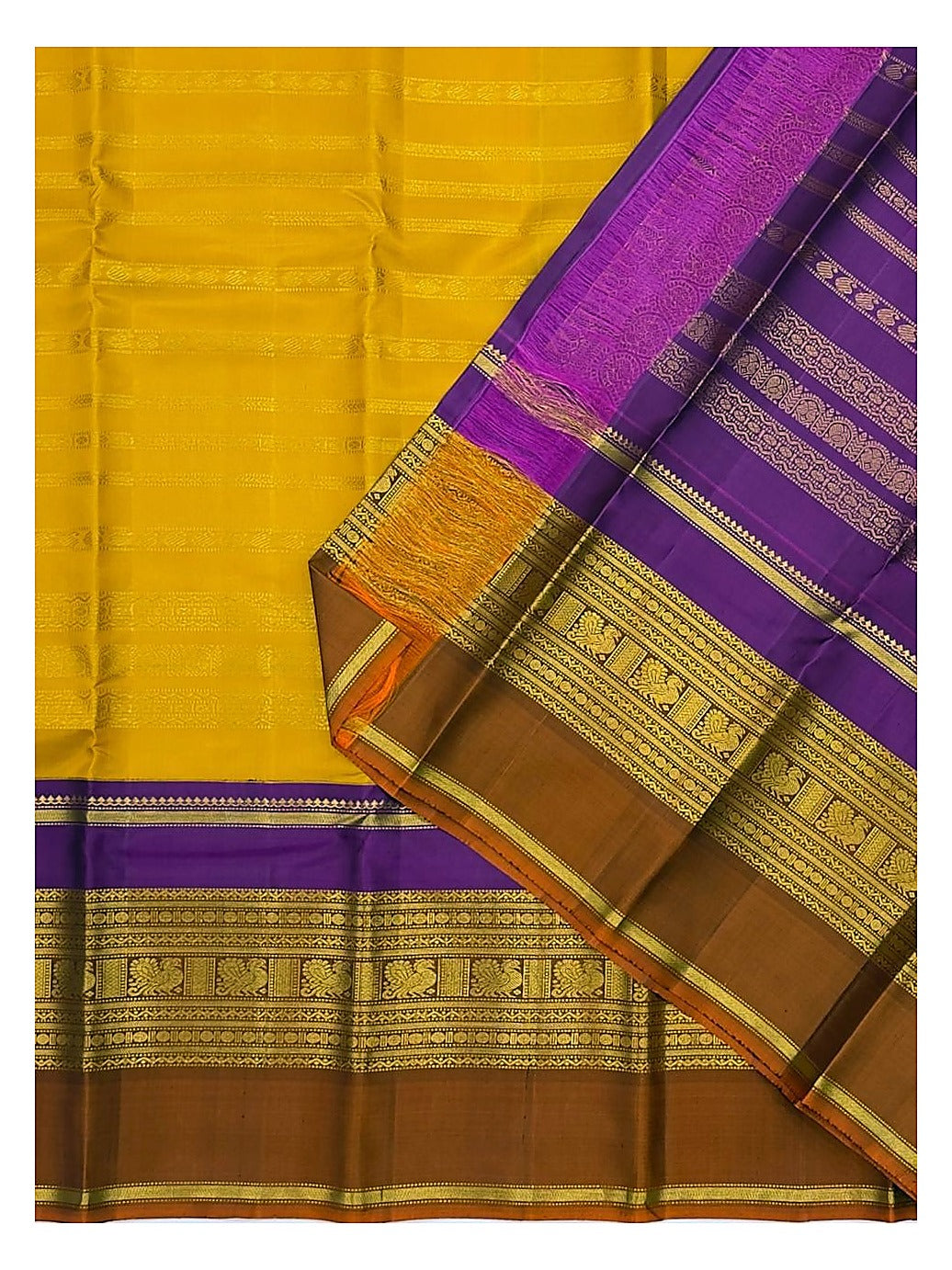 Handwoven Kanchipuram Silk Saree - Mustard with Purple Border and Rust Pallu
