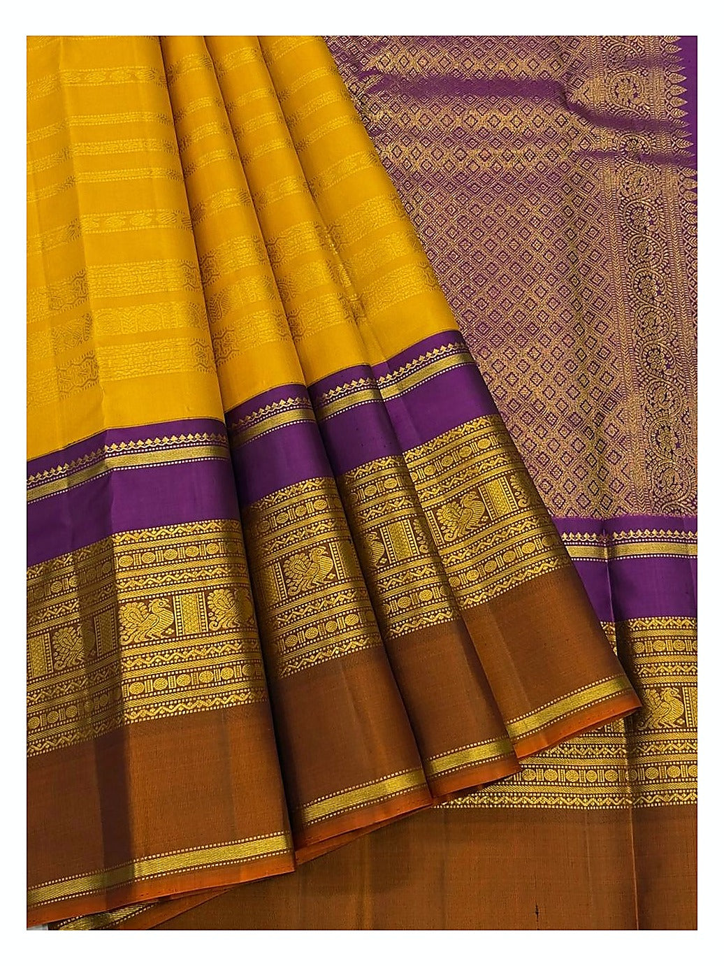 Handwoven Kanchipuram Silk Saree - Mustard with Purple Border and Rust Pallu