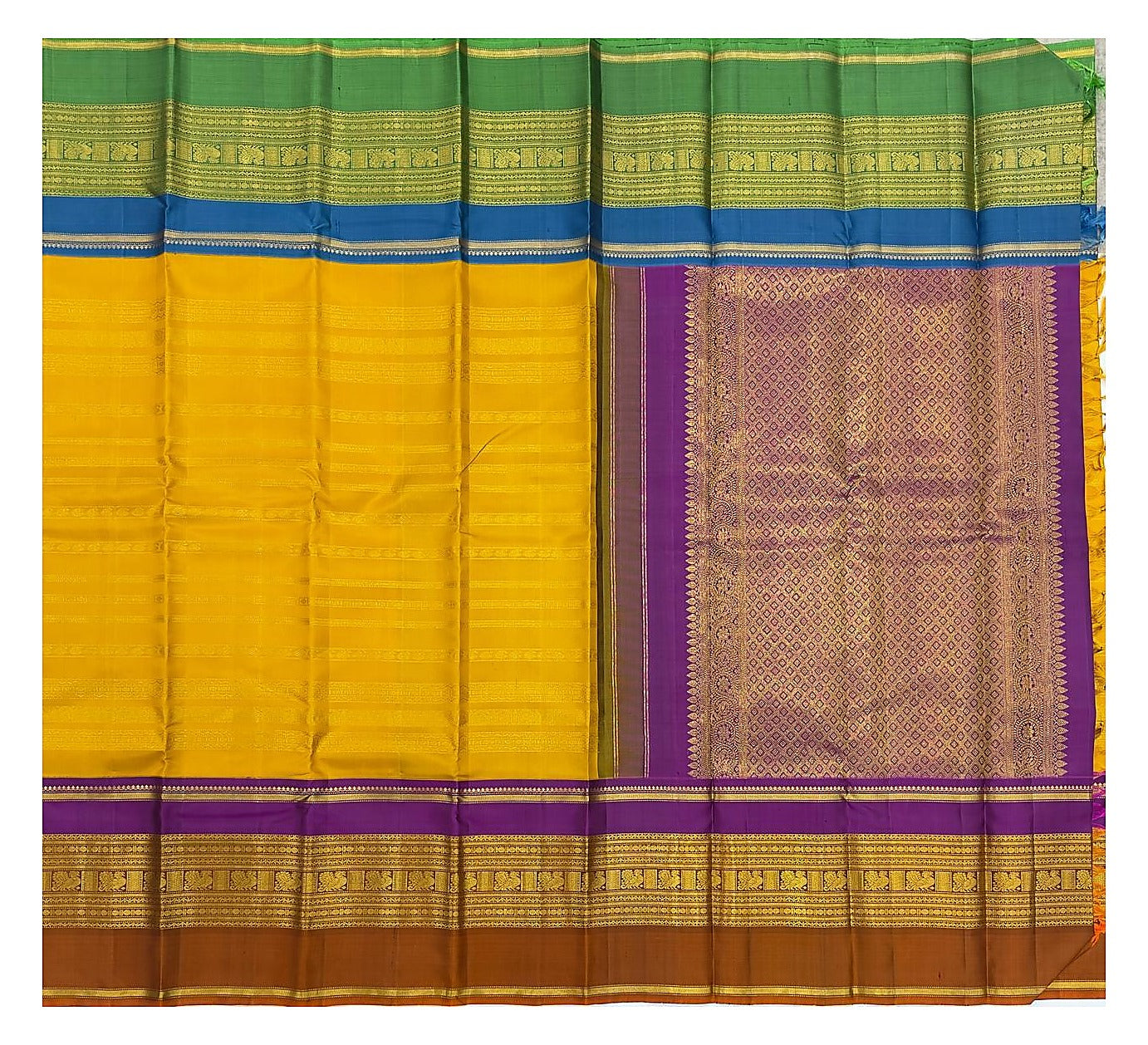 Handwoven Kanchipuram Silk Saree - Mustard with Purple Border and Rust Pallu