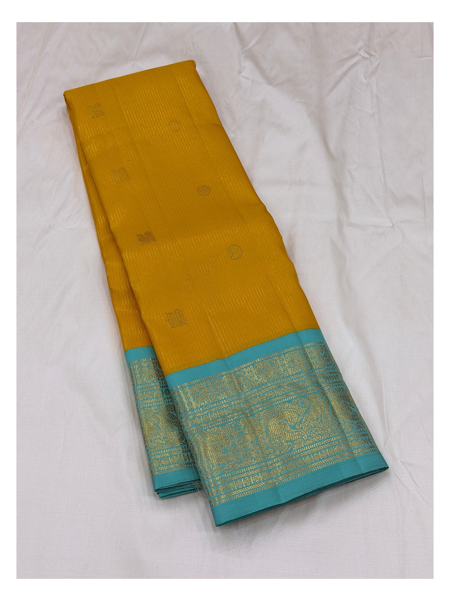 Handwoven Kanchipuram Silk Saree - Mustard Yellow with Aqua Blue Zari Border