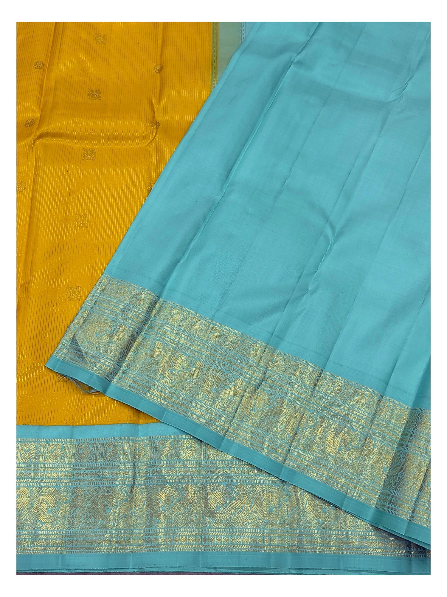Handwoven Kanchipuram Silk Saree - Mustard Yellow with Aqua Blue Zari Border