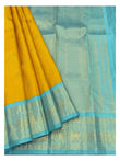 Handwoven Kanchipuram Silk Saree - Mustard Yellow with Aqua Blue Zari Border