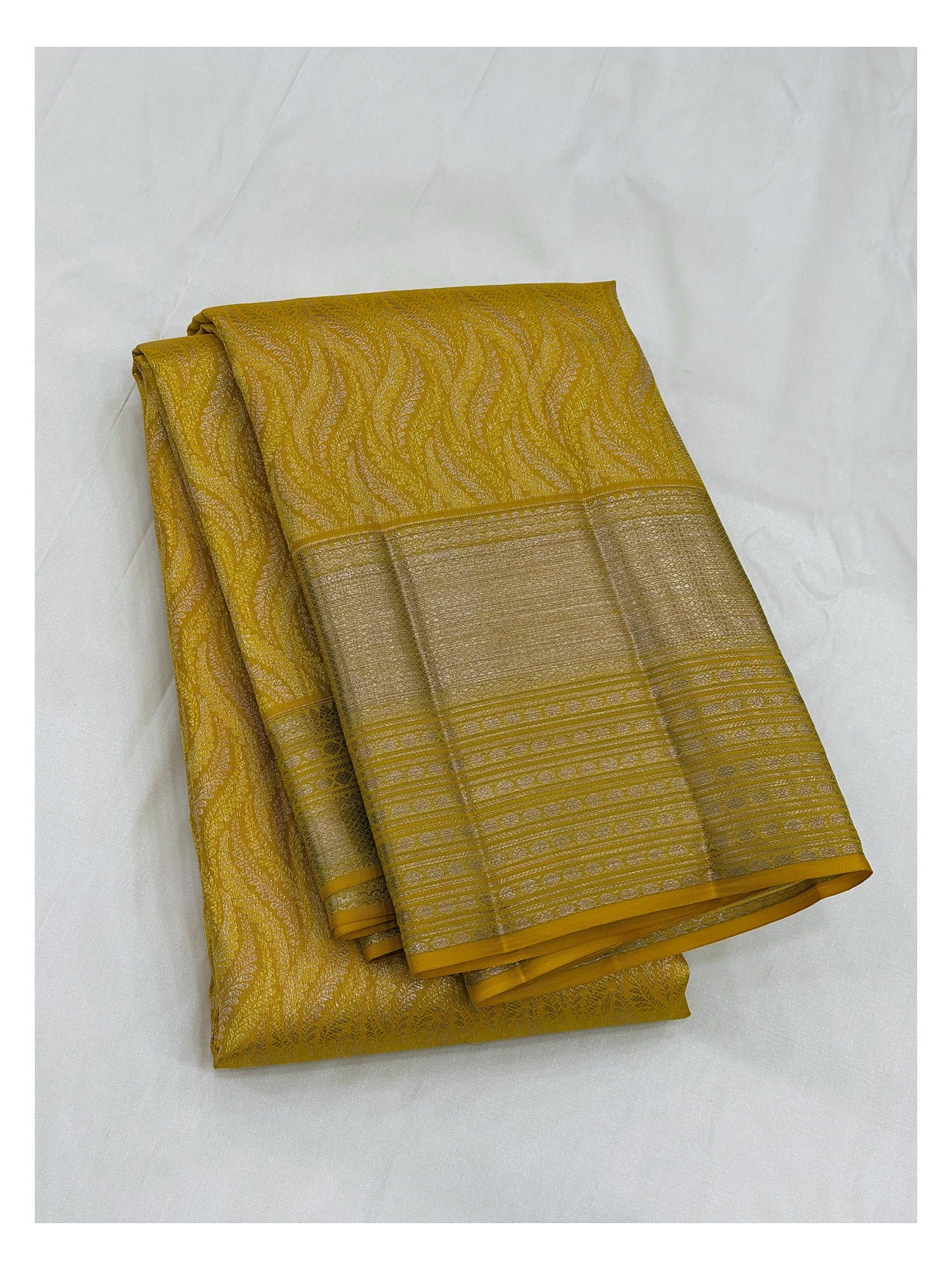 Handwoven Kanchipuram Silk Saree - Mustard Yellow with Gold-Toned Leaf Weave and Broad Woven Pallu front view