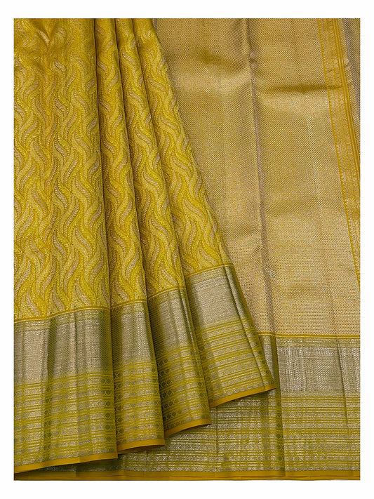 Handwoven Kanchipuram Silk Saree - Mustard Yellow with Gold-Toned Leaf Weave and Broad Woven Pallu