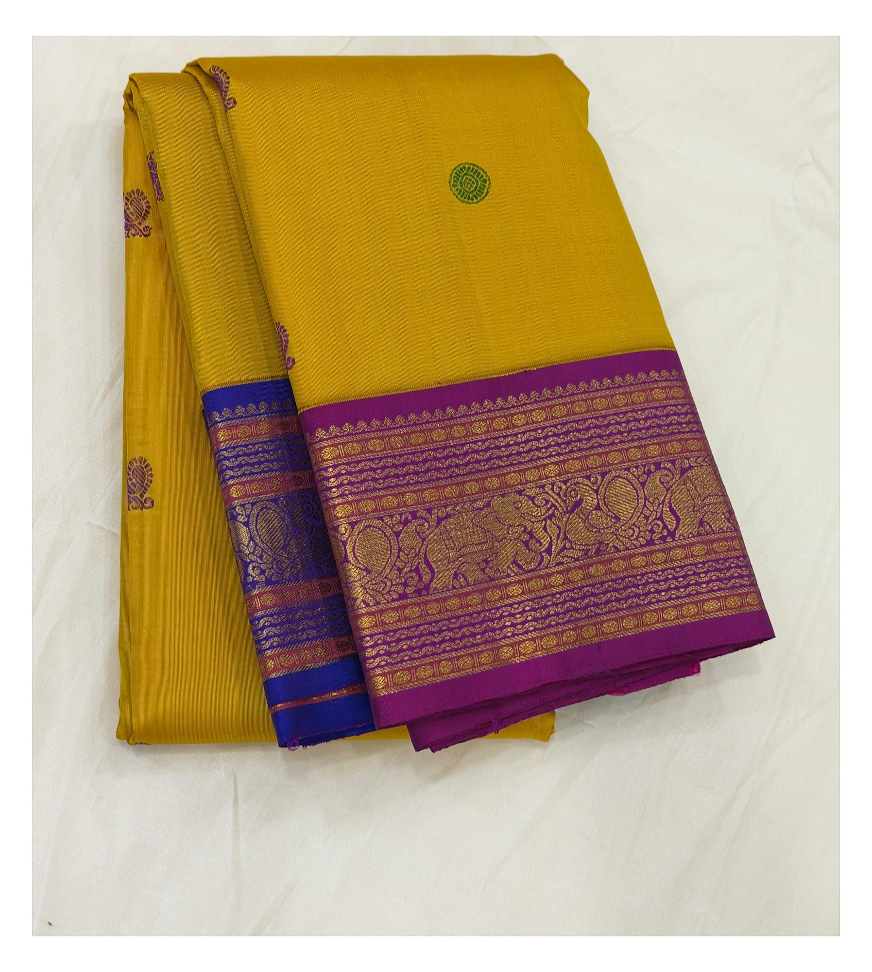 Handwoven Kanchipuram Silk Saree - Mustard Yellow with Magenta Elephant Border front view