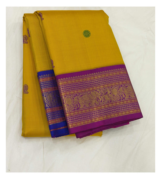 Handwoven Kanchipuram Silk Saree - Mustard Yellow with Magenta Elephant Border front view