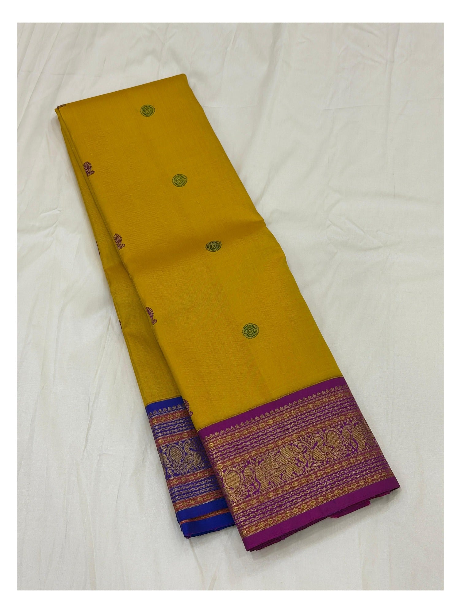 Handwoven Kanchipuram Silk Saree - Mustard Yellow with Magenta Elephant Border