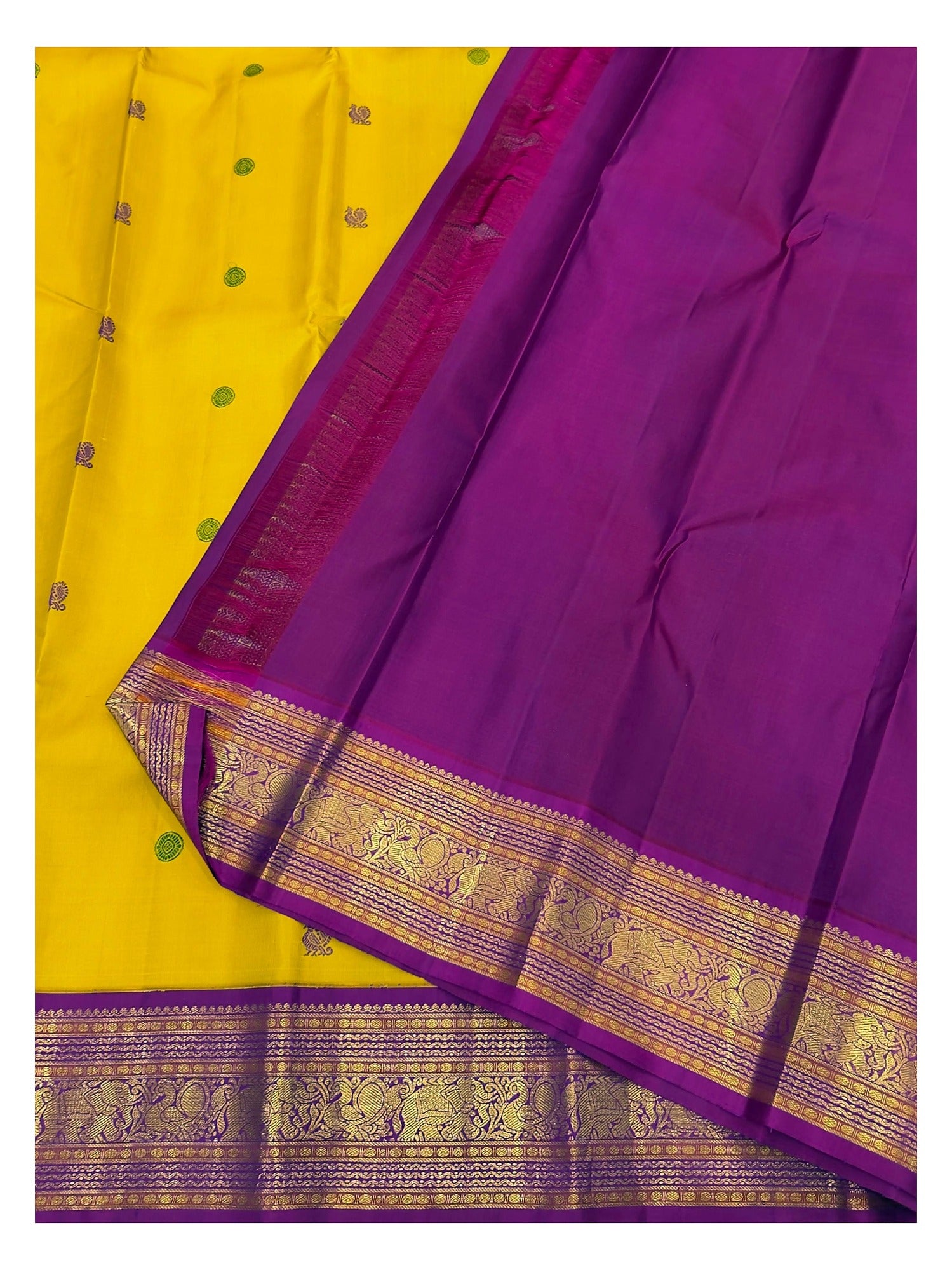 Handwoven Kanchipuram Silk Saree - Mustard Yellow with Magenta Elephant Border